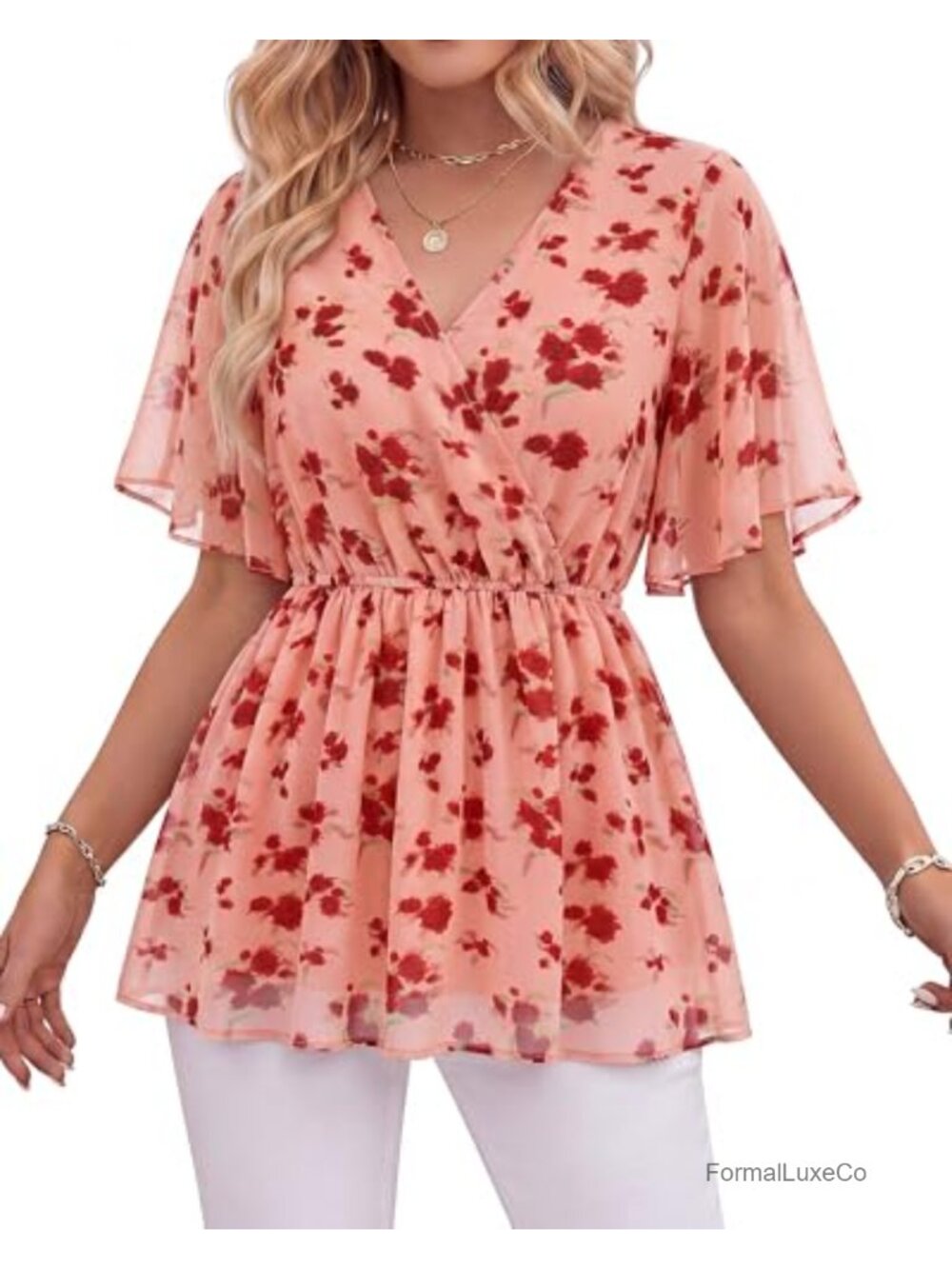 Womens V-Neck Peplum Blouse Ruffle Sleeve Chiffon Flowy Top